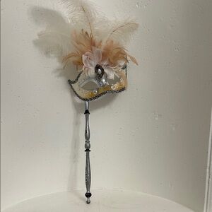 Venezia Peach and Cream Feather Handheld Masquerade Mask with Silver Handle